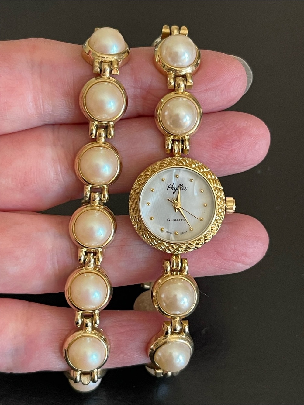 Phyllis Quartz watch faux pearl watch band with matching bracelet.